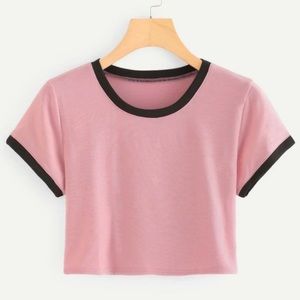 ROMWE Women’s Short-Sleeve Baseball Pattern Cropped Shirt - pink & black, size L